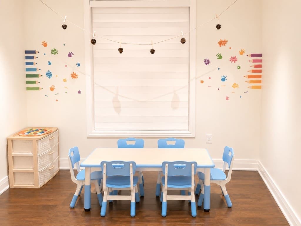 Child-sized lunch table with six chairs by a bright window