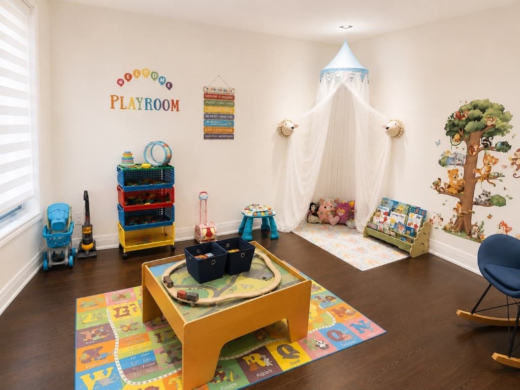 Bright playroom with a train table, reading canopy, and toy storage