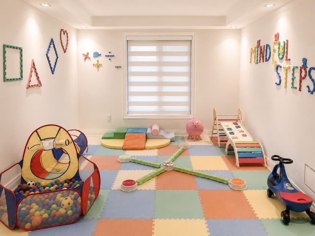 Soft-mat play space with a ball pit, balance beams, and climbing frames