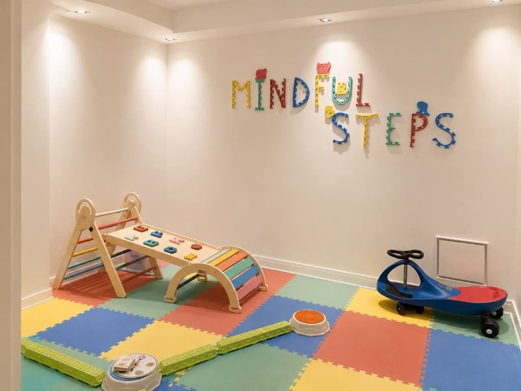 Wooden climbing triangle, rainbow rocker, and balance path in the active play room