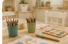 A craft table with pencils, paints and shape cut-outs