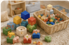 Wooden and soft blocks in a sensory play basket