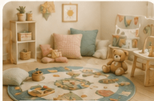 A circle-time rug set up with cushions and story books