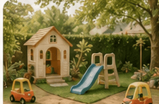 A backyard playhouse with a slide and ride-on cars
