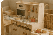 A wooden play kitchen stocked with pretend food