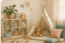 A cosy reading teepee surrounded by books and cushions
