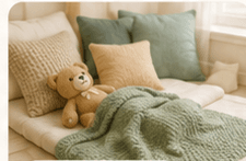 A quiet nap corner with soft blankets and a teddy bear