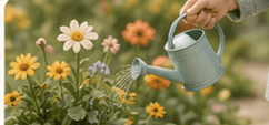 A watering can tipping over bright garden flowers