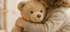 A child hugging a large soft teddy bear