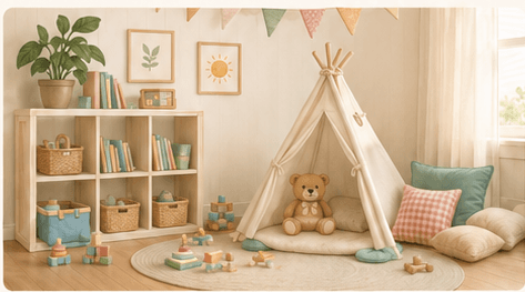 A playroom with a reading teepee, cushions, and shelves of toys and books