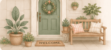 A welcoming front porch with a wreath on a green door, plants, and a bench