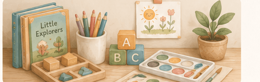 A craft desk with picture books, coloured pencils, letter blocks, and a paint palette