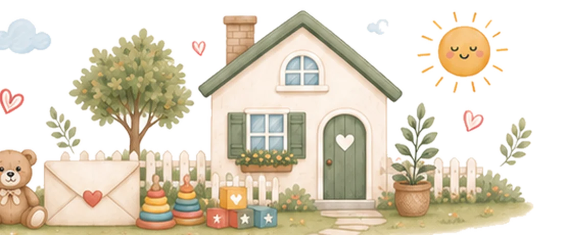 A watercolour cottage with a teddy bear holding a letter and toy blocks