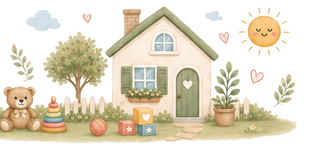 A watercolour cottage with a garden, teddy bear, and toy blocks out front