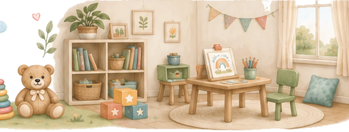 A bright playroom with a bookshelf, craft table, teddy bear, and bunting